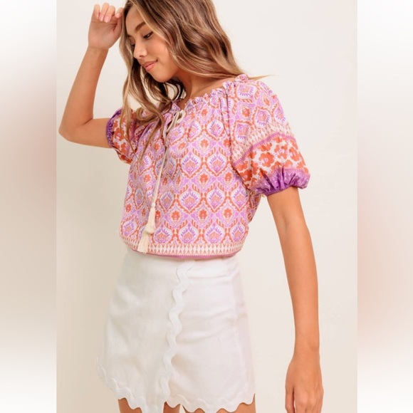 NWT! Luxury Bohemian Pink and Orange Wide Neckline Short Sleeve Women's Top - Picture 4 of 8